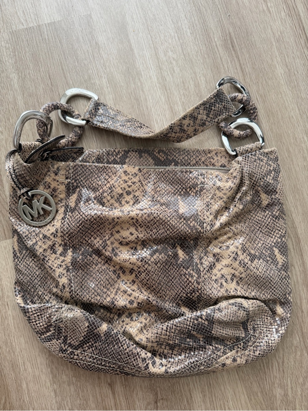 Michael Kors Beige Snake-Print Shoulder Bag with Silver Hardware